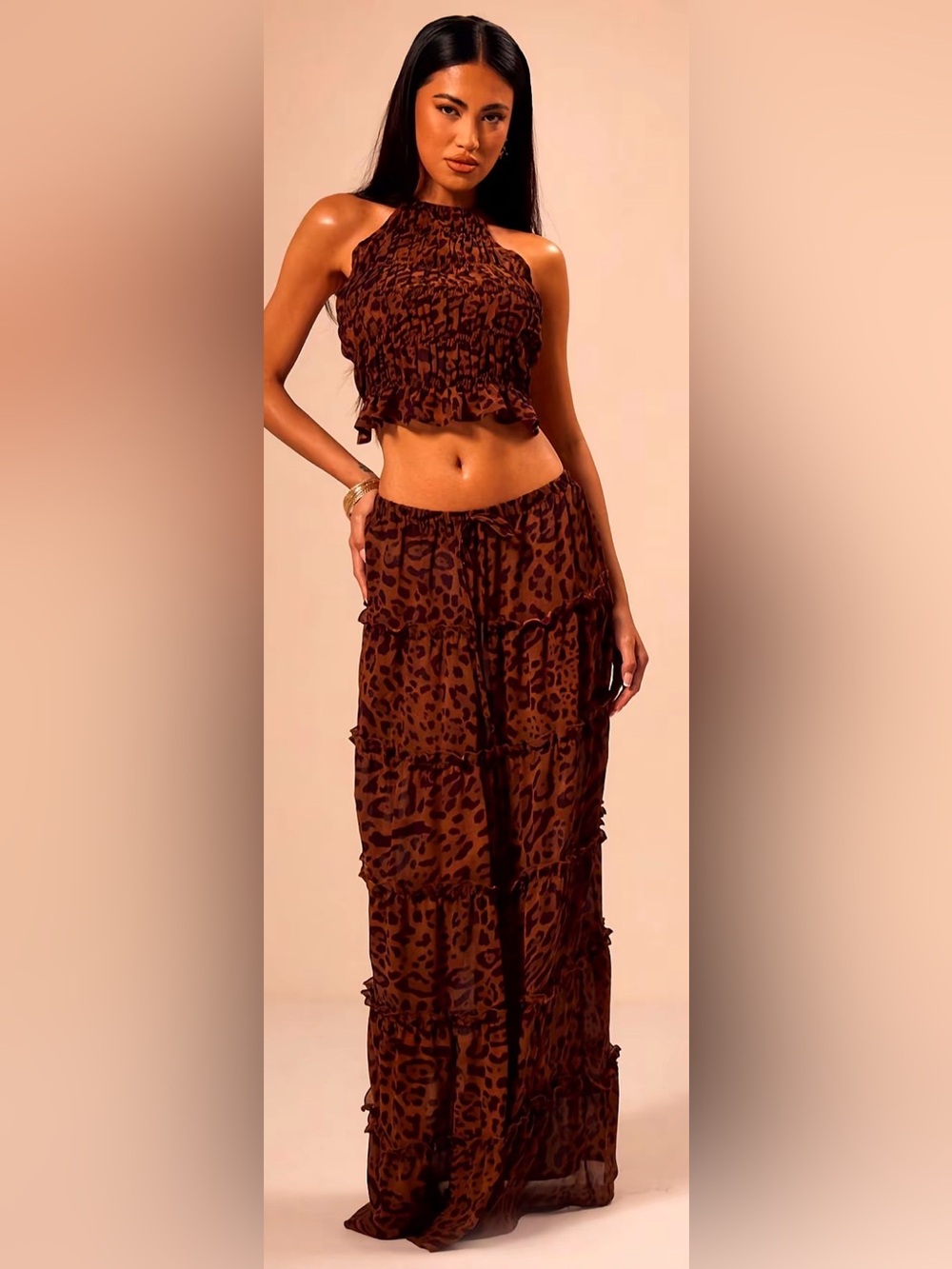 Leopard Print Maxi Skirt Set - Brown - Picture 2 of 6